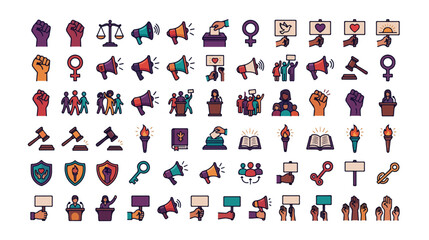 Fototapeta premium Social justice and protest icon set, 60 human rights and activism vector symbols, equality and feminism flat line icons for civil rights movements