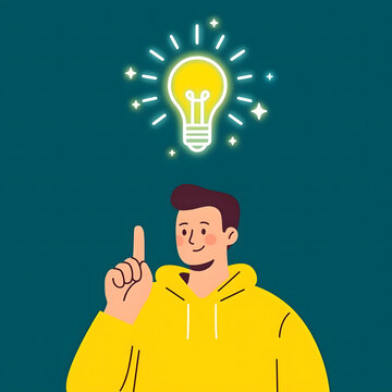 Young man in yellow hoodie having a bright eureka moment with a glowing light bulb