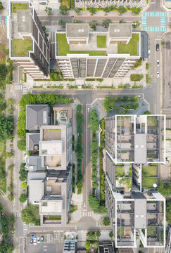 Aerial View of Modern Green Residential Buildings