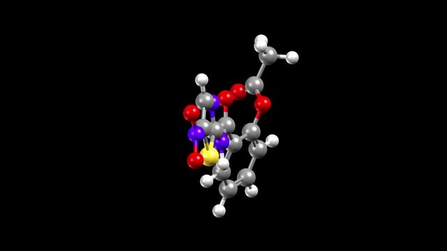 Structure of antiprotozoal medication nitazoxanide. Animated 3D ball-and-stick and spacefill models, black background.