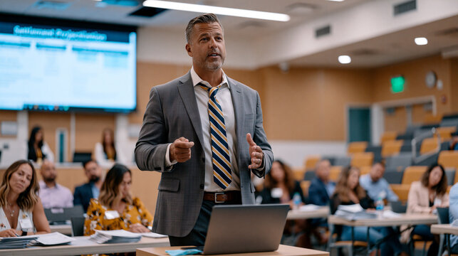 Lead plaintiff attorney addresses class members seated in tiered rows of conference center, settlement projection charts on overhead display, claim verification packets distributed along rows of fol