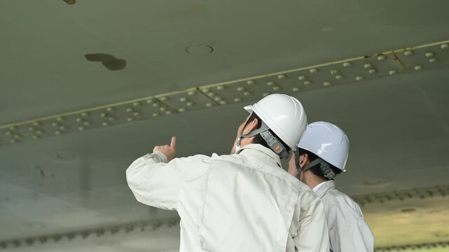 橋梁点検で指差し確認を行う30代と50代の作業員