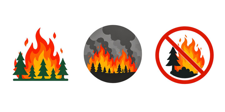 Set of three forest fire icons: a burning forest, a smoky wildfire scene, and a 'no fire' prohibition sign. Conceptual illustrations for wildfire prevention and climate alerts.