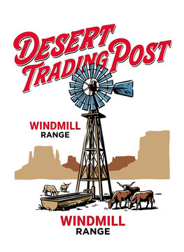 Retro western desert trading post with windmill and longhorn cattle drinking, vintage graphic illustration for t-shirt design and rural branding