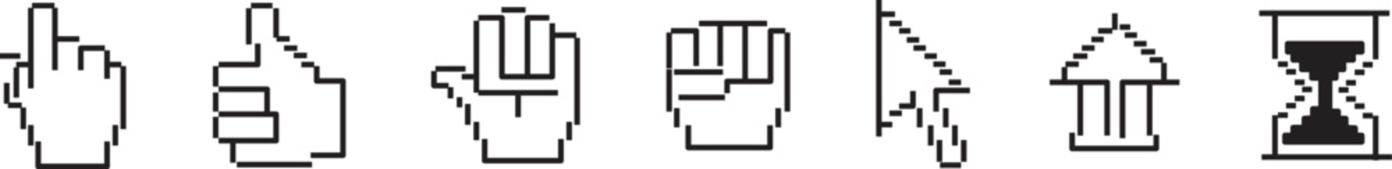 Fototapeta premium Computer mouse cursor icon set, pixel and line art hand pointer, Retro pixel and modern line cursor icons, dashed line and pixelated UI elements vector 