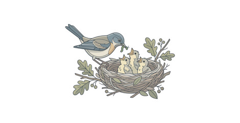 Mother Bird Feeding Chicks in Nest Vector Illustration © winih