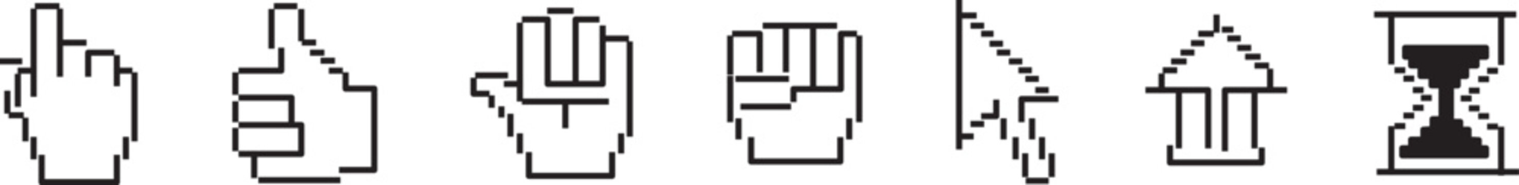 Computer mouse cursor icon set, pixel and line art hand pointer, Retro pixel and modern line cursor icons, dashed line and pixelated UI elements vector
