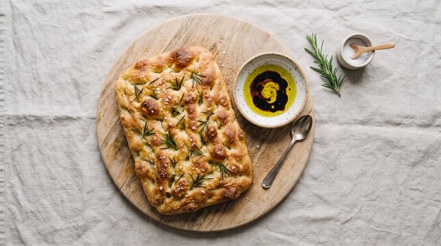 Fresh Focaccia on Wooden Board with Olive Oil and Balsamic Dipping Dish, Top-Down Flat Lay, Soft Diffused Daylight, Neutral Linen Backdrop, Minimal Elegant Italian Bread