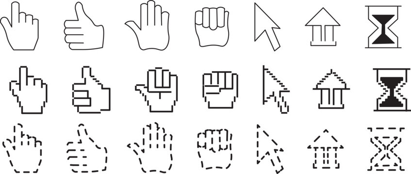 Computer mouse cursor icon set, pixel and line art hand pointer, Retro pixel and modern line cursor icons, dashed line and pixelated UI elements vector
