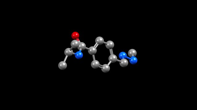 Structure of procarbazine, a chemotherapy medication. Animated 3D ball-and-stick and spacefill models, black background.