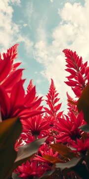 Otherworldly flora unfurls in hyperreal tones, a low-angle spectacle of exaggerated forms against an alien sky, vector art,  vibrant