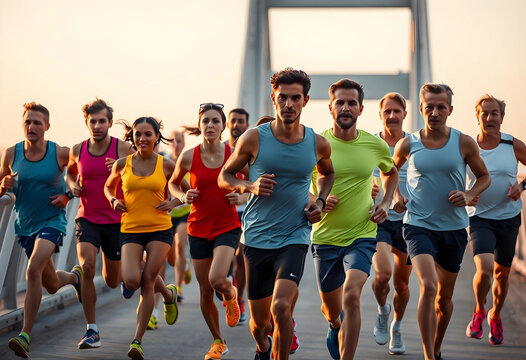 Group of runners competing in a half marathon on a bridge