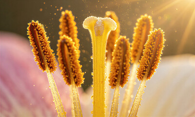 Fototapeta premium Extreme macro of flower stamen shows golden pollen granules glistening under warm rim light with translucent filaments and atmospheric haze