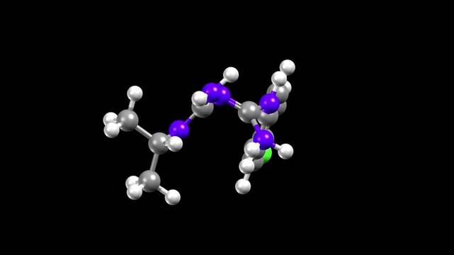 Structure of antimalarial medication proguanil. Animated 3D ball-and-stick and spacefill models, black background.