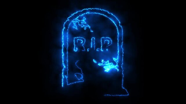 Glowing neon tombstone with rip text animation on dark background