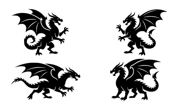 Black heraldic dragon silhouette collection with medieval fantasy emblem vector set