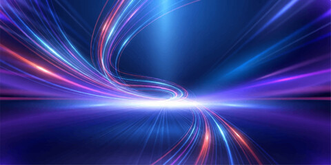 Abstract Futuristic Blue Wave Background with Glowing Colorful Lines, Rainbow Energy Patterns and Fractal Light Motion Design Texture for Technology Wallpaper Illustration © OK NO PROBLEM