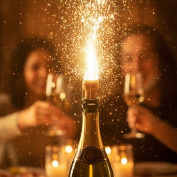 Champagne bottle erupting with sparkling wine and festive celebration atmosphere, illuminated by soft candlelight with joyful friends toasting in the background