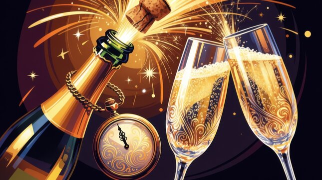 Champagne bottle popping with fireworks alongside two filled glasses and a vintage pocket watch, celebrating a festive occasion