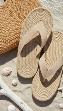 Stylish beige flip-flops on sandy beach with seashells and woven sun hat