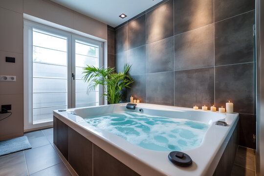Modern luxury bathroom interior featuring bubbling jacuzzi hot tub illuminated candles and dark tile wall