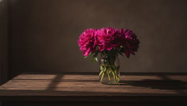 Vibrant pink peonies in a glass vase on a rustic wooden table with soft natural lighting and shadows