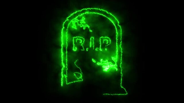 Neon green glowing tombstone rip animation with ethereal smoke effect