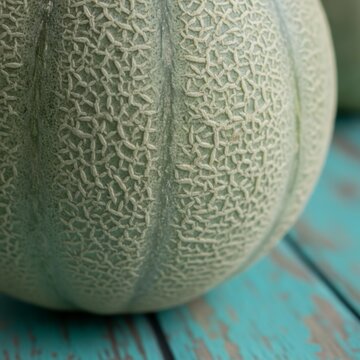 Close-up of a textured green melon resting on a rustic turquoise wooden surface