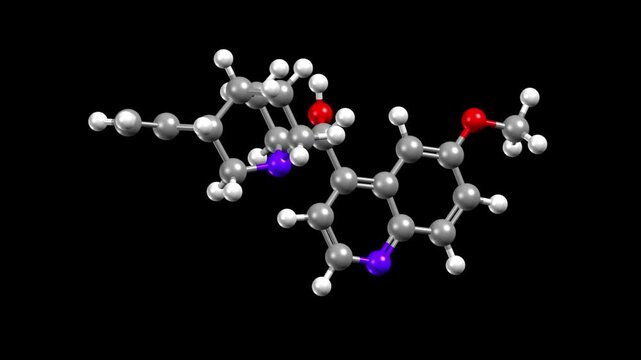 Structure of antimalarial medication quinine. Animated 3D ball-and-stick and spacefill models, black background.