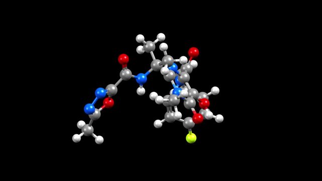 Structure of raltegravir, an antiretroviral medication. Animated 3D ball-and-stick and spacefill models, black background.