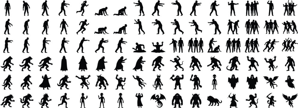 Set of silhouettes of zombies, monsters, ghosts, aliens, and mythical creatures