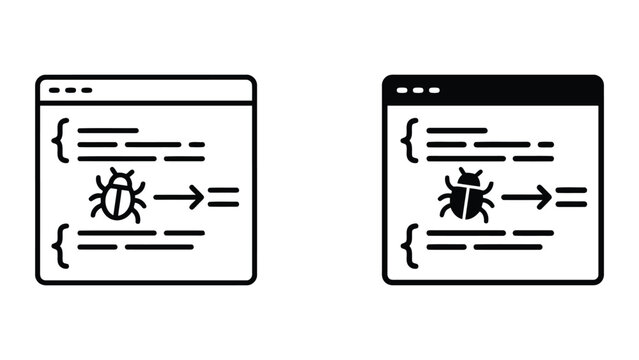 Software bug debugging and code error fixing icon set with debugging, software
