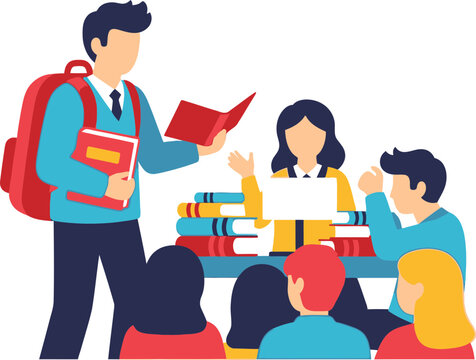 Student reading book to classmates in classroom, education concept illustration