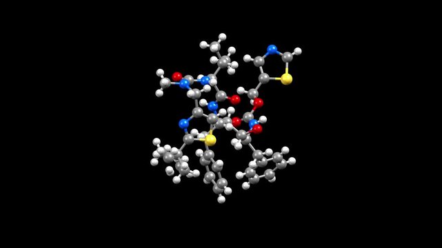 Structure of ritonavir, an antiretroviral medication. Animated 3D ball-and-stick and spacefill models, black background.