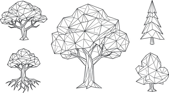 Abstract Geometric Low Poly Tree Icon Set with Line Art Triangles for Nature Environment Sustainability and Modern Landscape Graphic Design Vector Illustrations