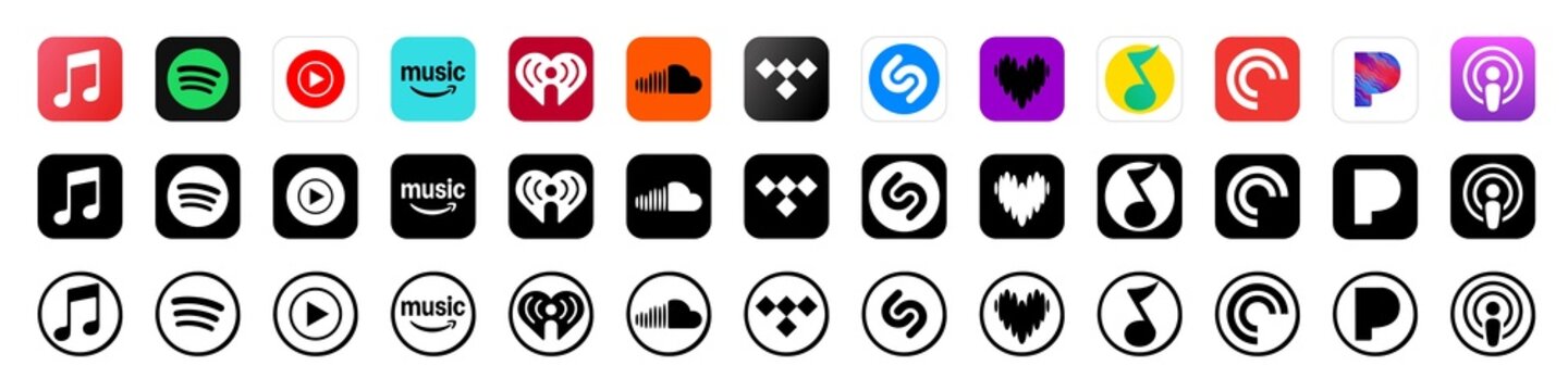Popular music & Podcasts app icons collection. Apple music, Spotify, Youtube, Deezer, Soundcloud, Tidal, iHeart radio, Shazam, Amazon music, Pandora. Music streaming service, social media platform