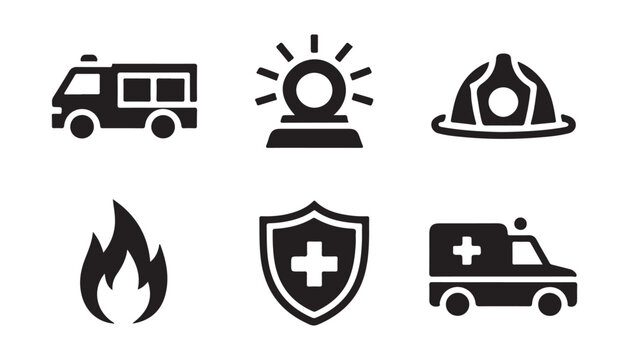 Set of emergency service icons featuring fire engine siren helmet flame shield and ambulance.