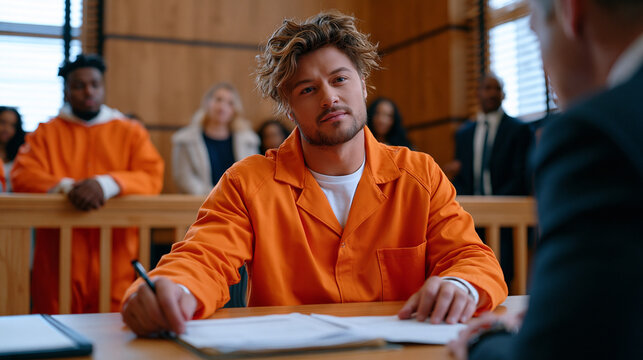 Bail hearing unfolds in early morning arraignment courtroom, public defender presenting financial documentation while prosecutor stands at opposing table, defendant in institutional clothing grippin