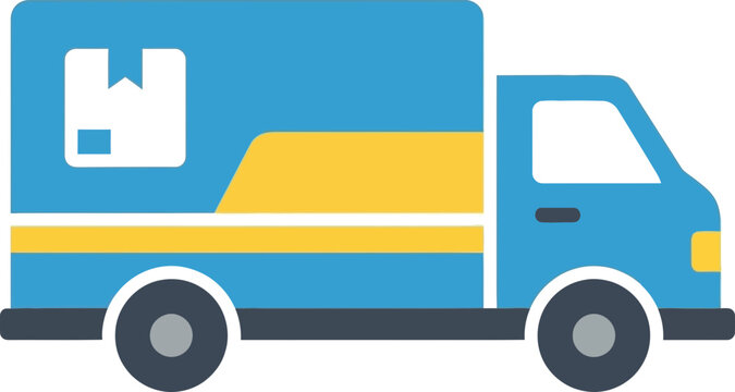 Blue delivery truck with yellow stripe and package icon on side, shipping and logistics icon