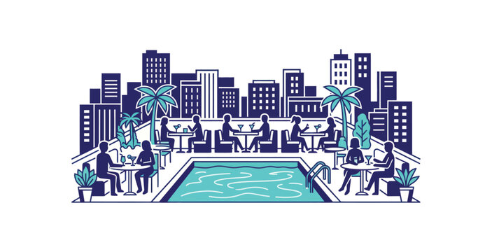 Rooftop Pool Bar City Skyline Vector Illustration