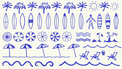 Hand drawn beach themed doodles in blue ink on lined graph paper a collection of seaside elements © Subadchandra