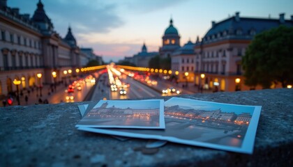 Naklejka premium Photos of Paris cityscape at dusk lie on a stone railing. Blurred city lights and traffic create romantic evening ambience for travelers memories.