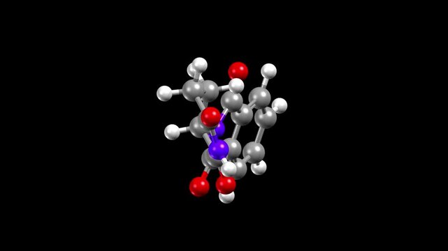 Structure of thalidomide, a medication used to treat some types of cancer and inflammatory disorders. Animated 3D ball-and-stick and spacefill models, black background.