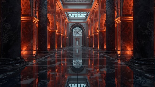 Majestic Grand Hall Interior with Dark Marble Pillars and Glowing Orange Lights