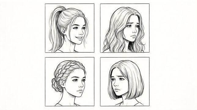 Young woman face with different hairstyles sketch drawing illustration