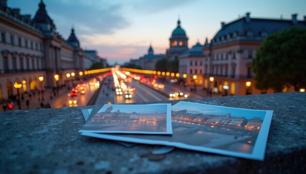 Photos of Paris cityscape at dusk lie on a stone railing. Blurred city lights and traffic create romantic evening ambience for travelers memories.
