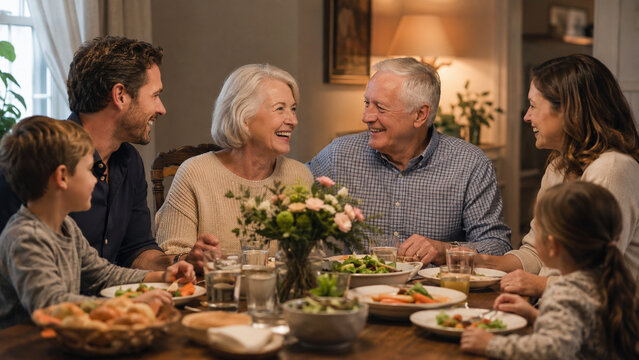 Intergenerational family dinner honoring grandparents with natural celebration