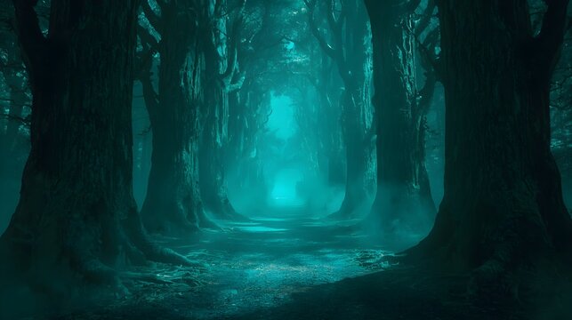Spooky dark forest path flanked by massive ancient trees shrouded in mysterious teal fog and misty light