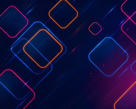 Abstract futuristic neon background with glowing blue, pink, and orange rounded square shapes on dark blue backdrop