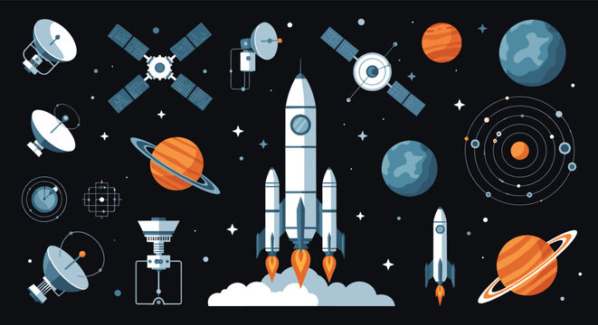 Space rocket launching into the dark cosmos with satellites, planets, and solar systems, shown in a flat vector style.